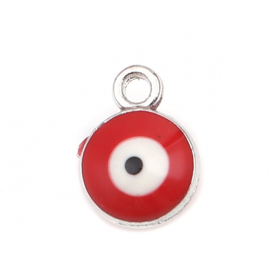 Picture of Zinc Based Alloy Religious Charms Round Silver Tone Red Evil Eye 9mm x 7mm, 20 PCs
