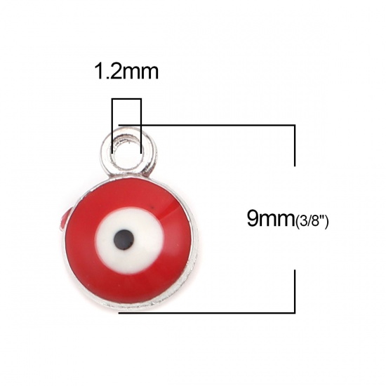 Picture of Zinc Based Alloy Religious Charms Round Silver Tone Red Evil Eye 9mm x 7mm, 20 PCs