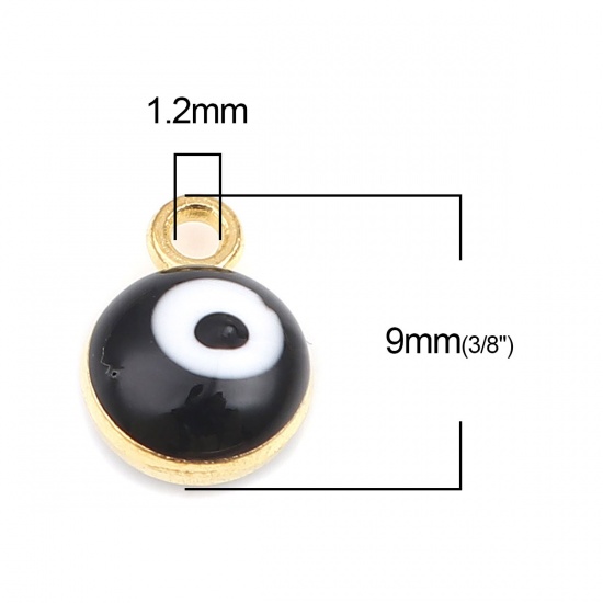Picture of Zinc Based Alloy Religious Charms Round Gold Plated Black Evil Eye 9mm x 7mm, 20 PCs