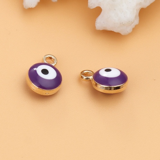 Picture of Zinc Based Alloy Religious Charms Round Gold Plated Purple Evil Eye 9mm x 7mm, 20 PCs