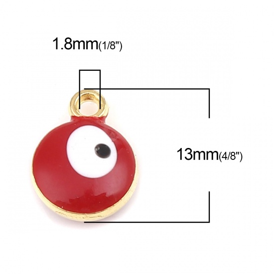 Picture of Zinc Based Alloy Religious Charms Round Gold Plated Red Evil Eye 13mm x 10mm, 20 PCs