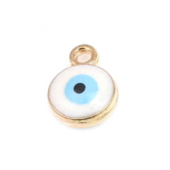 Picture of Zinc Based Alloy Religious Charms Round Gold Plated White & Blue Evil Eye 9mm x 7mm, 20 PCs