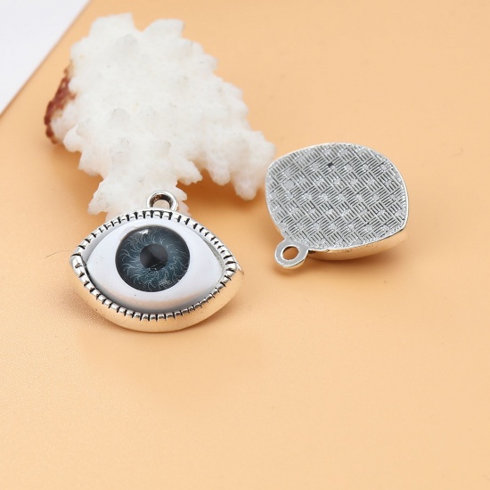 Picture of Zinc Based Alloy Charms Eye Antique Silver Color Blue 22mm x 20mm, 10 PCs