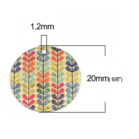 Picture of Copper Enamel Painting Charms Gold Plated Multicolor Round Leaf Sparkledust 20mm Dia., 10 PCs