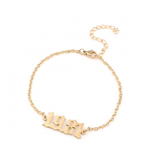 Picture of 304 Stainless Steel Year Bracelets Gold Plated Number Message " 1981 " 18cm(7 1/8") long, 1 Piece