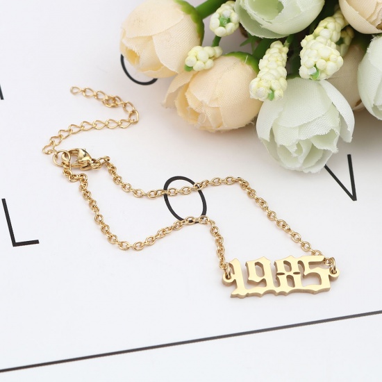 Picture of 304 Stainless Steel Year Bracelets Gold Plated Number Message " 1985 " 18cm(7 1/8") long, 1 Piece