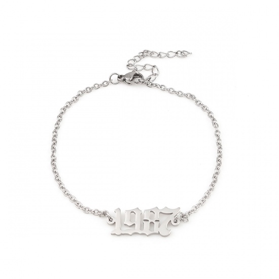Picture of 304 Stainless Steel Year Bracelets Silver Tone Number Message " 1987 " 18cm(7 1/8") long, 1 Piece