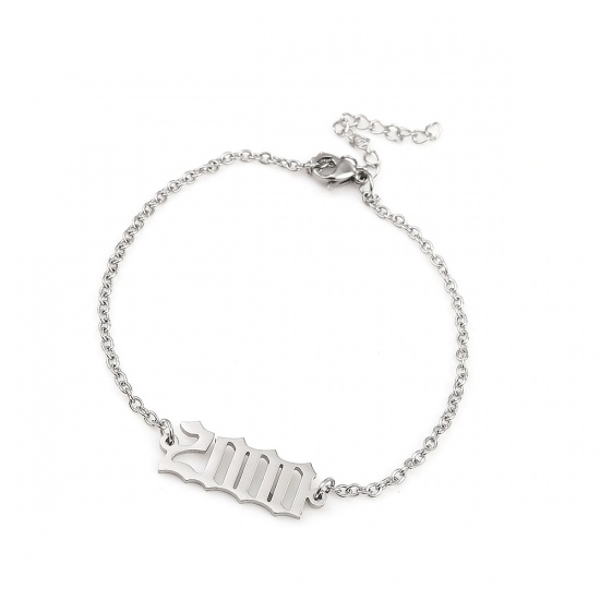 Picture of 304 Stainless Steel Year Bracelets Silver Tone Number Message " 2000 " 18cm(7 1/8") long, 1 Piece