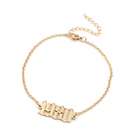 Picture of 304 Stainless Steel Year Bracelets Gold Plated Number Message " 1980 " 18cm(7 1/8") long, 1 Piece