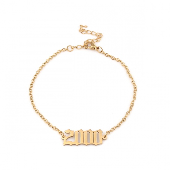 Picture of 304 Stainless Steel Year Bracelets Gold Plated Number Message " 2000 " 18cm(7 1/8") long, 1 Piece