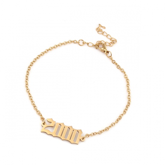 Picture of 304 Stainless Steel Year Bracelets Gold Plated Number Message " 2000 " 18cm(7 1/8") long, 1 Piece