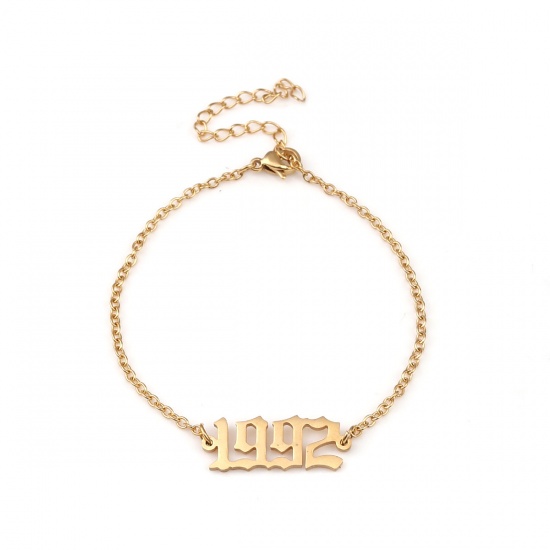 Picture of 304 Stainless Steel Year Bracelets Gold Plated Number Message " 1992 " 18cm(7 1/8") long, 1 Piece
