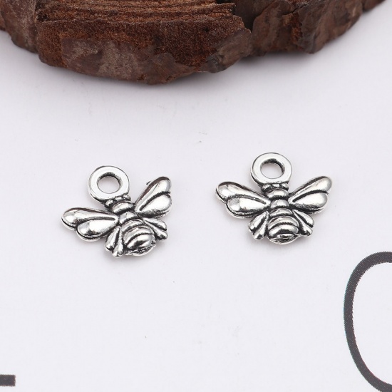 Picture of Zinc Based Alloy Insect Charms Bee Animal Antique Silver Color 11mm x 10mm, 100 PCs