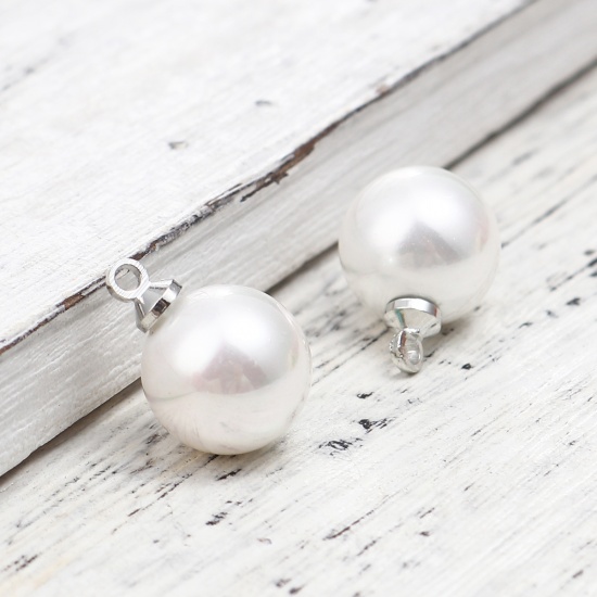 Picture of Pearl Charms Ball Silver Tone Creamy-White AB Color 15mm x 10mm, 5 PCs