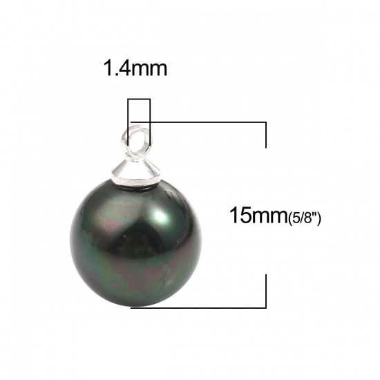Image de Breloques en Perle de Culture Balle Argent Mat Vert Paon 15mm x 10mm, 5 Pcs