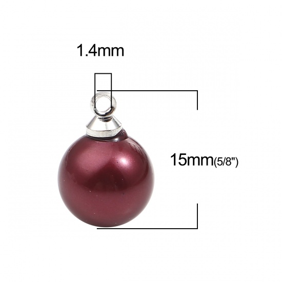 Immagine di Perla Charms Palla Tono Argento Colore di Vino Rosso 15mm x 10mm , 5 Pz