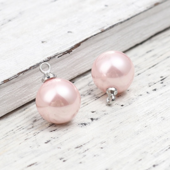 Picture of Pearl Charms Ball Silver Tone Light Pink 15mm x 10mm, 5 PCs