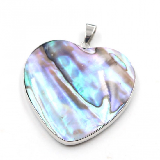 Picture of Abalone Shell & Zinc Based Alloy(Lead & Nickel Safe) Pendants Silver Tone Heart Multicolor 4.1cm x 4.1cm, 1 Piece