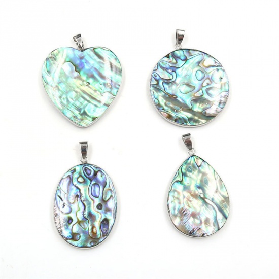 Picture of Abalone Shell & Zinc Based Alloy(Lead & Nickel Safe) Pendants Silver Tone Heart Multicolor 4.1cm x 4.1cm, 1 Piece