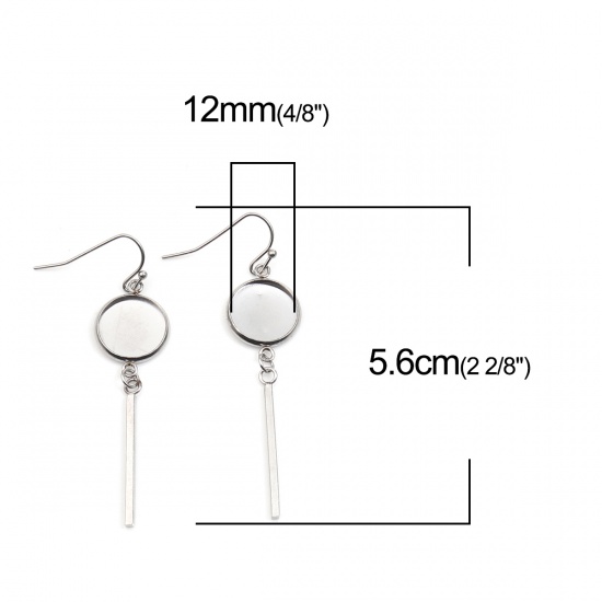 Picture of 304 Stainless Steel Ear Wire Hooks Earring Findings Round Silver Tone Cabochon Settings (Fits 12mm Dia.) 56mm x 14mm, Post/ Wire Size: (21 gauge), 4 PCs