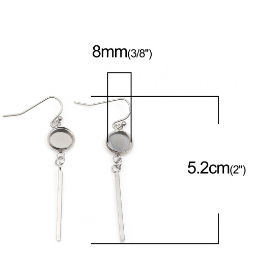 Picture of 304 Stainless Steel Ear Wire Hooks Earring Findings Round Silver Tone Cabochon Settings (Fits 8mm Dia.) 52mm x 10mm, Post/ Wire Size: (21 gauge), 4 PCs