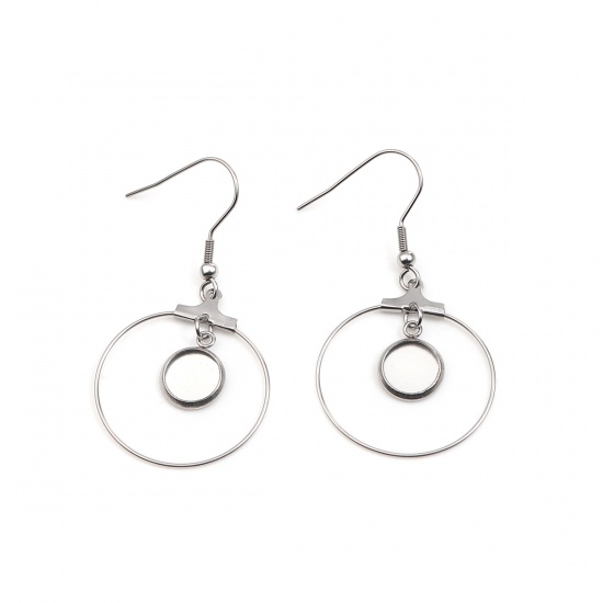 Picture of 304 Stainless Steel Ear Wire Hooks Earring Findings Round Silver Tone Cabochon Settings (Fits 8mm Dia.) 49mm x 27mm, Post/ Wire Size: (21 gauge), 4 PCs