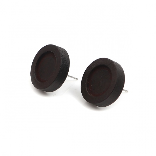 Picture of Stainless Steel Ear Post Stud Earrings Round Dark Brown Cabochon Settings (Fits 12mm Dia.) 18mm Dia., Post/ Wire Size: (21 gauge), 1 Packet ( 10 PCs/Packet)