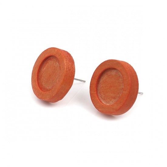 Picture of Stainless Steel Ear Post Stud Earrings Round Brown Red Cabochon Settings (Fits 12mm Dia.) 18mm Dia., Post/ Wire Size: (21 gauge), 1 Packet ( 10 PCs/Packet)