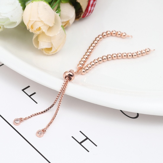 Picture of Brass Slider/Slide Extender Chain For Jewelry Necklace Bracelet Rose Gold Adjustable Clear Rhinestone 12.2cm(4 6/8") long, 1 Piece                                                                                                                            