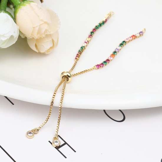 Picture of Brass Slider/Slide Extender Chain For Jewelry Necklace Bracelet Real Gold Plated Adjustable Multicolor Rhinestone 12.2cm(4 6/8") long, 1 Piece                                                                                                                
