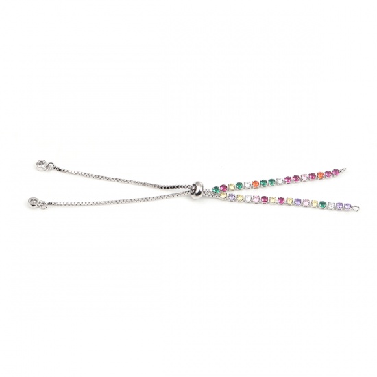 Picture of Brass Slider/Slide Extender Chain For Jewelry Necklace Bracelet Platinum Color Adjustable Multicolor Rhinestone 12.2cm(4 6/8") long, 1 Piece                                                                                                                  