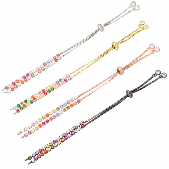 Picture of Brass Slider/Slide Extender Chain For Jewelry Necklace Bracelet Platinum Color Adjustable Multicolor Rhinestone 12.2cm(4 6/8") long, 1 Piece                                                                                                                  