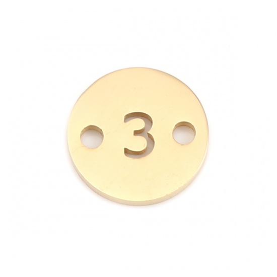 Picture of 304 Stainless Steel Connectors Round Gold Plated Number Message " 3 " 10mm Dia., 1 Piece