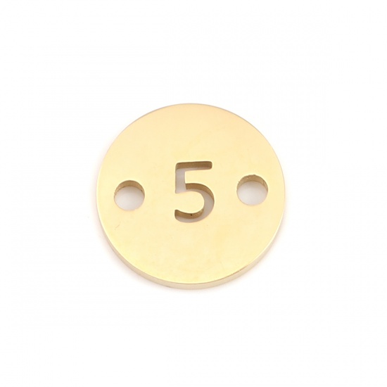 Picture of 304 Stainless Steel Connectors Round Gold Plated Number Message " 5 " 10mm Dia., 1 Piece