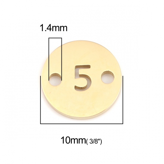 Picture of 304 Stainless Steel Connectors Round Gold Plated Number Message " 5 " 10mm Dia., 1 Piece