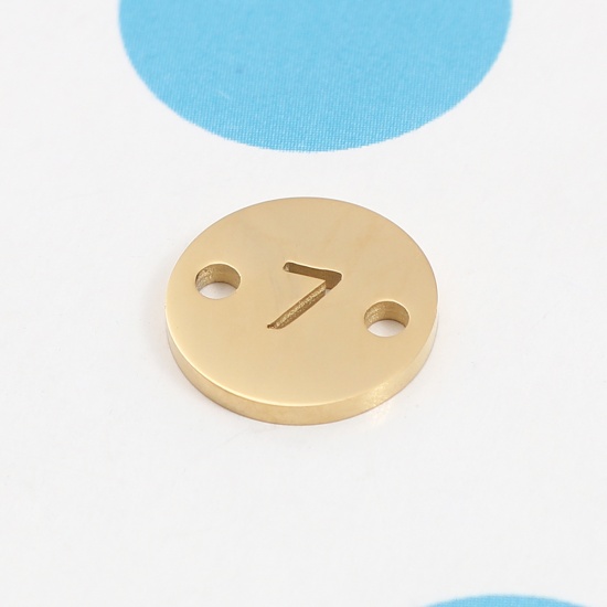 Picture of 304 Stainless Steel Connectors Round Gold Plated Number Message " 7 " 10mm Dia., 1 Piece