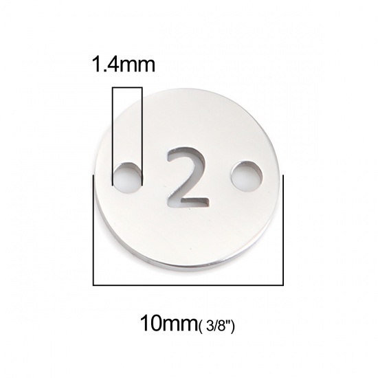 Picture of 304 Stainless Steel Connectors Round Silver Tone Number Message " 2 " 10mm Dia., 1 Piece
