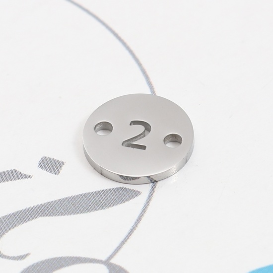 Picture of 304 Stainless Steel Connectors Round Silver Tone Number Message " 2 " 10mm Dia., 1 Piece