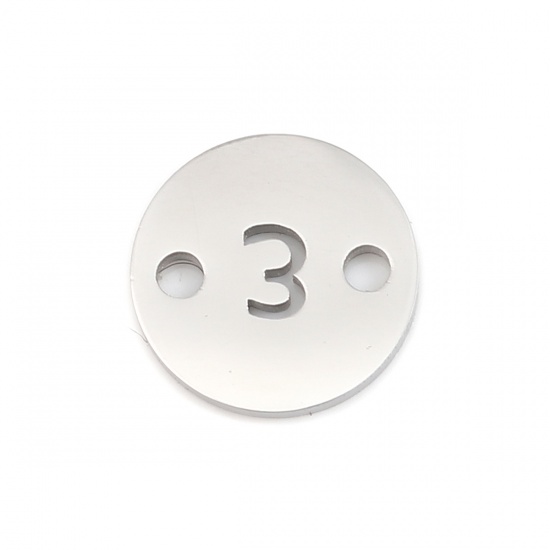 Picture of 304 Stainless Steel Connectors Round Silver Tone Number Message " 3 " 10mm Dia., 1 Piece