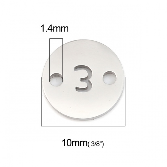Picture of 304 Stainless Steel Connectors Round Silver Tone Number Message " 3 " 10mm Dia., 1 Piece
