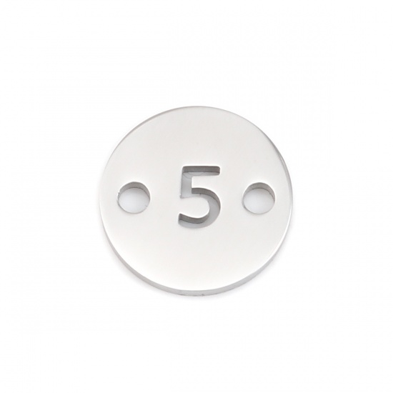 Picture of 304 Stainless Steel Connectors Round Silver Tone Number Message " 5 " 10mm Dia., 1 Piece