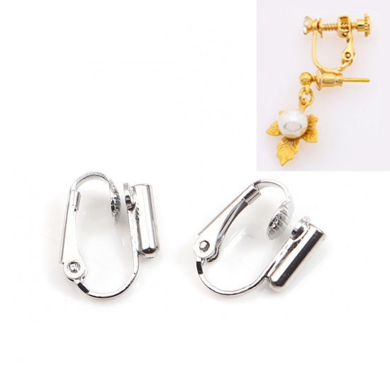 Picture of Brass Non Piercing Clip-on Earring Converter Turn Any Stud Into Clip-on Silver Tone U-shaped 16mm x 12mm, 10 PCs                                                                                                                                              