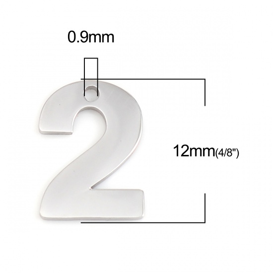 Picture of 304 Stainless Steel Charms Number Silver Tone Message " 2 " 12mm x 9mm, 1 Piece