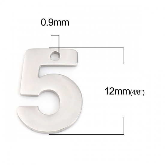 Picture of 304 Stainless Steel Charms Number Silver Tone Message " 5 " 12mm x 9mm, 1 Piece