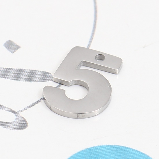 Picture of 304 Stainless Steel Charms Number Silver Tone Message " 5 " 12mm x 9mm, 1 Piece