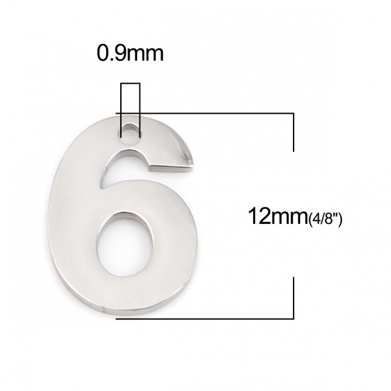 Picture of 304 Stainless Steel Charms Number Silver Tone Message " 6 " 12mm x 9mm, 1 Piece