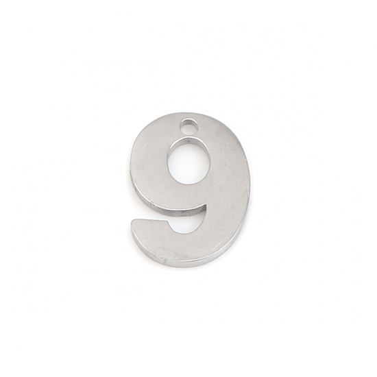 Picture of 304 Stainless Steel Charms Number Silver Tone Message " 9 " 12mm x 9mm, 1 Piece