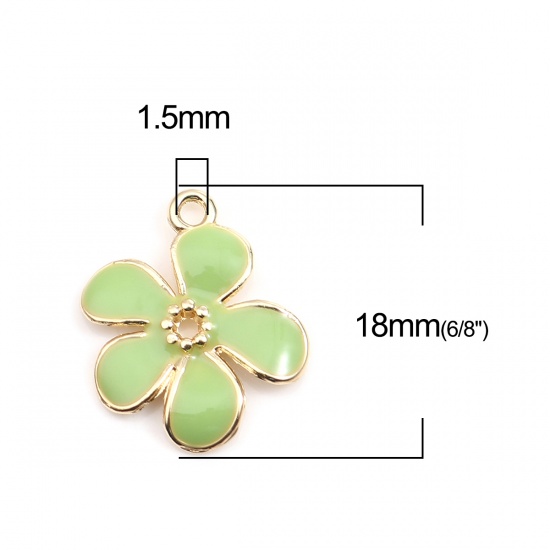 Picture of Zinc Based Alloy Charms Daisy Flower Gold Plated Green Enamel 18mm x 15mm, 10 PCs