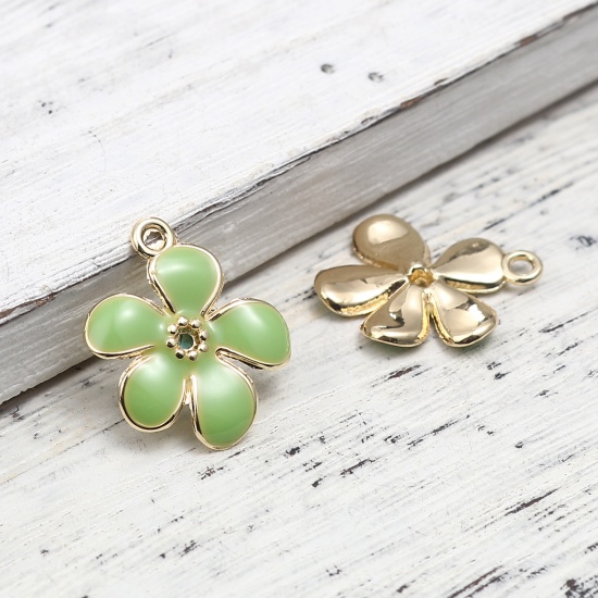 Picture of Zinc Based Alloy Charms Daisy Flower Gold Plated Green Enamel 18mm x 15mm, 10 PCs