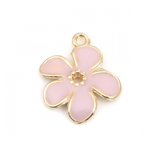Picture of Zinc Based Alloy Charms Daisy Flower Gold Plated Light Pink Enamel 16mm x 16mm, 10 PCs